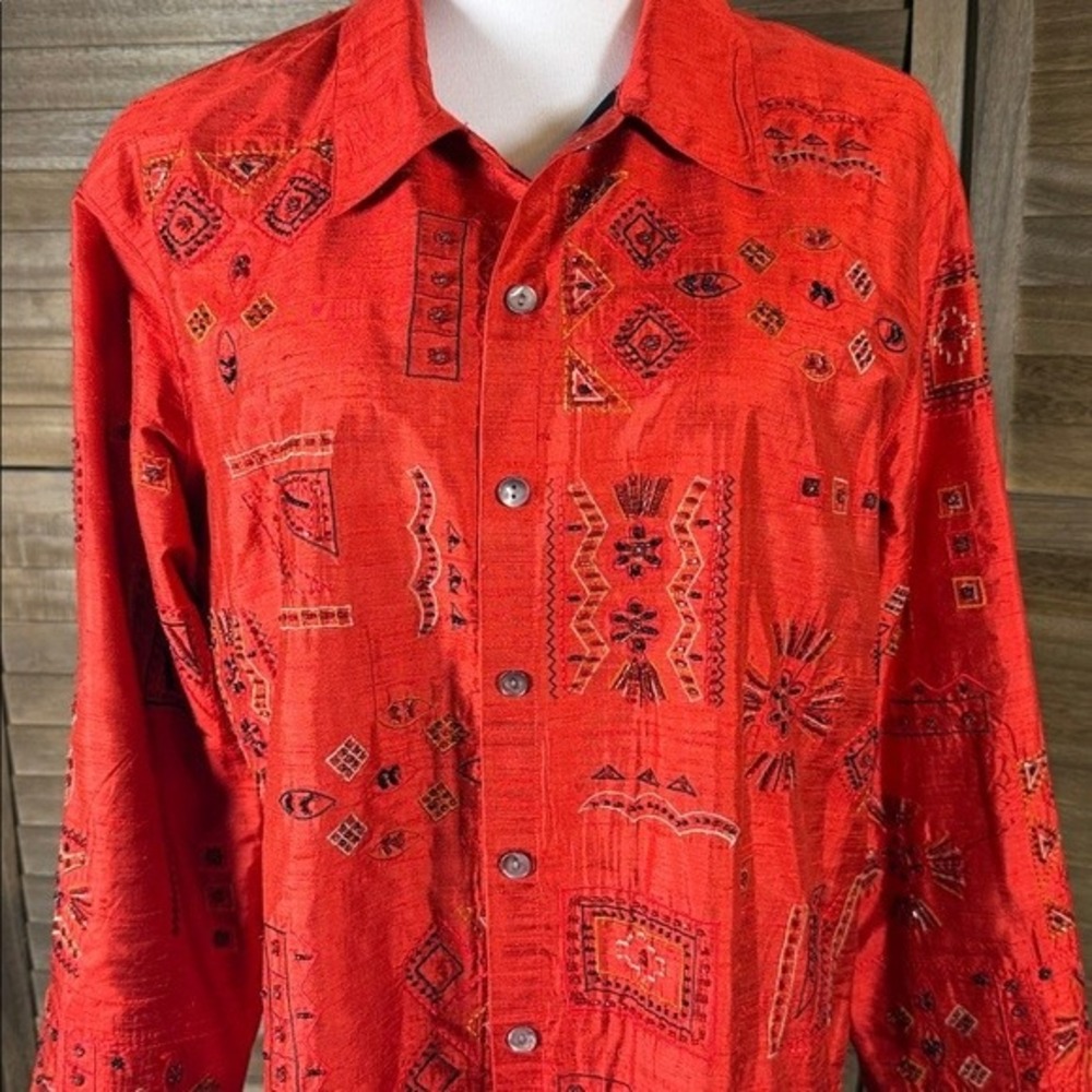 Chicos Design Red Silk Embroidered Beaded Button Down‎ Shirt Womens Size 3 Large - Picture 3 of 9